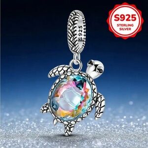 Pandora 925 Sterling Silver Swimming Sea Turtle Pendant with Multicolor Crystal